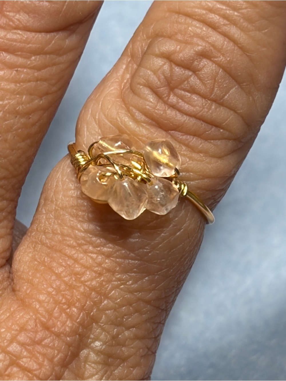 Gold Wire Ring with Pale Champagne Crystal Beads